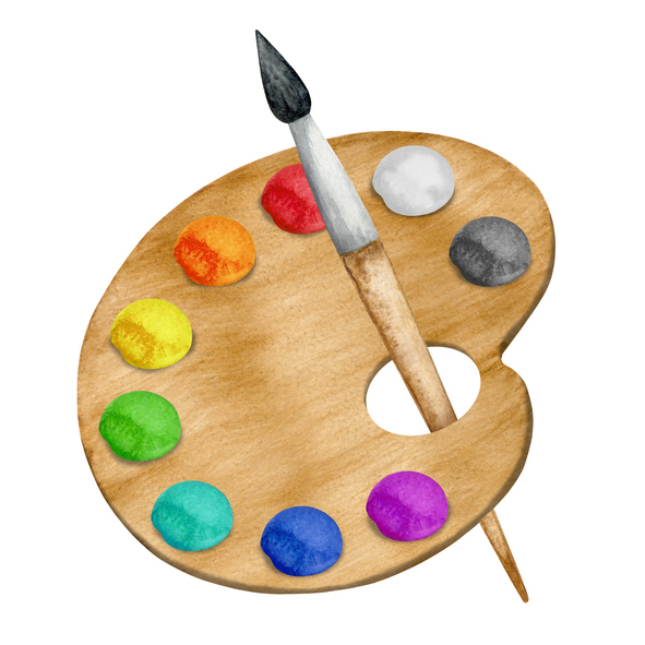 Watercolor palette, paints, paint brush